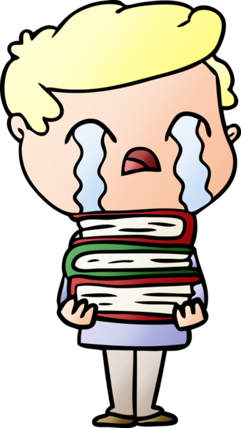 Çizgi filmci bir insan tarafından çizilmiş bir yığın kitap için ağlıyor.