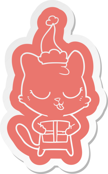 Bir insan tarafından çizilmiş Noel Baba şapkası takan bir kedinin komik çizgi film çıkartması.