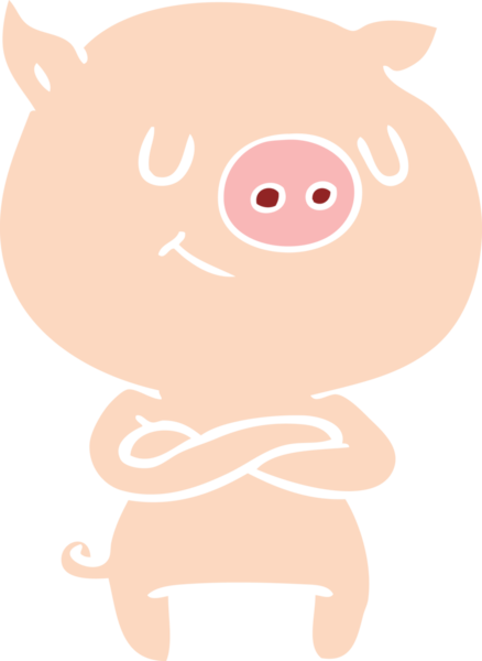 Bir insanın çapraz kollarıyla çizdiği düz renkli çizgi film domuzu.