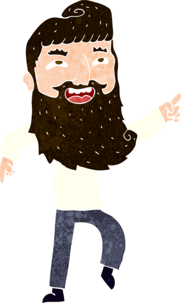 Bir insan tarafından çizilmiş ve gülen sakallı bir çizgi film adamı.