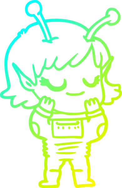 Bir insan tarafından çizilmiş gülümseyen uzaylı kız çizgi filmi.