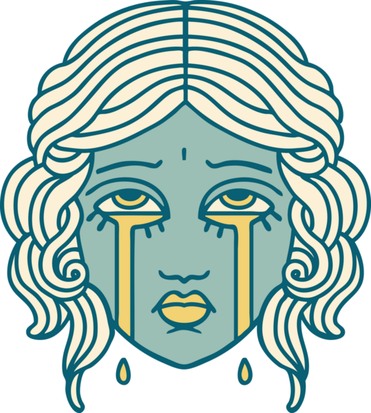 İkonik dövme stili. Bir insan tarafından çizilmiş ağlayan kadın yüzü.