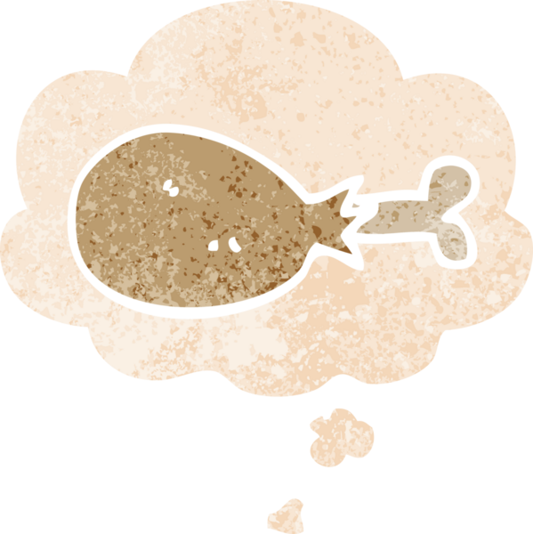 çizgi film pişirilmiş tavuk budu. Düşünce baloncuğu ve grunge. İnsan tarafından çizilmiş derili eski moda.
