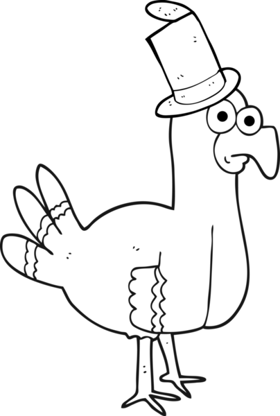 Bir insan tarafından çizilmiş silindir şapkalı siyah beyaz bir kuş.