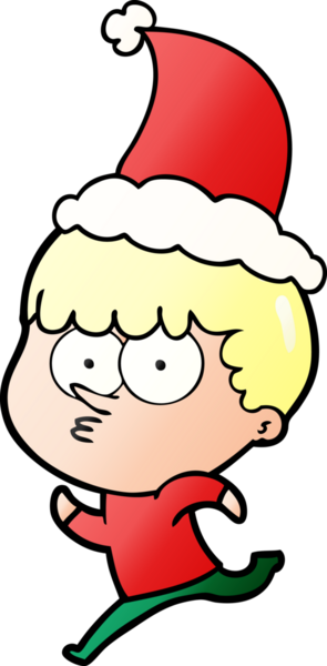 Bir insan tarafından çizilmiş Noel Baba şapkası giymiş meraklı bir çocuğun el çizimi karikatürü.