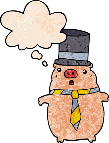 Bir insan tarafından çizilmiş grunge desenli düşünce baloncuklu çizgi film iş domuzu.