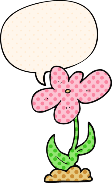 Bir insan tarafından çizilmiş çizgi roman tarzında konuşma baloncuğu olan karikatür çiçeği.