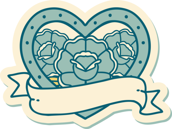 Geleneksel kalp stili dövme çıkartması ve bir insan tarafından çizilmiş çiçekli pankart.