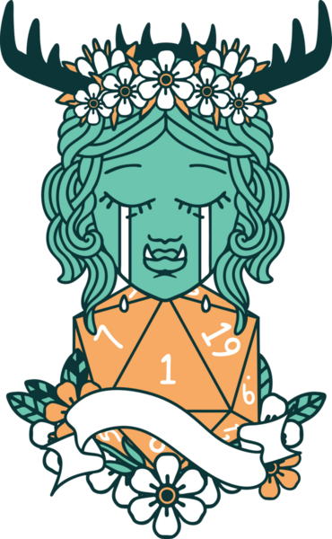 Retro Dövme Tarzı Ağlayan Ork barbar karakter yüzü ve bir insan tarafından çizilmiş doğal bir D20 rulo