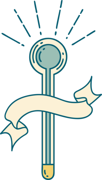 Bir insan tarafından çizilmiş dövme stili cam termometresi olan parşömen.