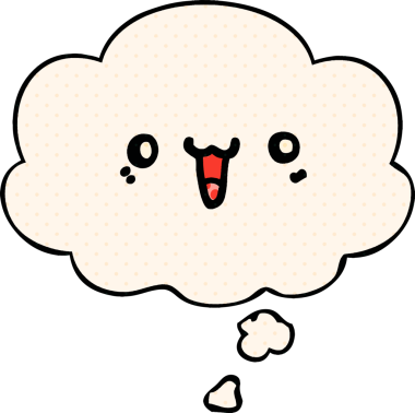 Bir insan tarafından çizilmiş, düşünce baloncuklu mutlu çizgi film yüzü.