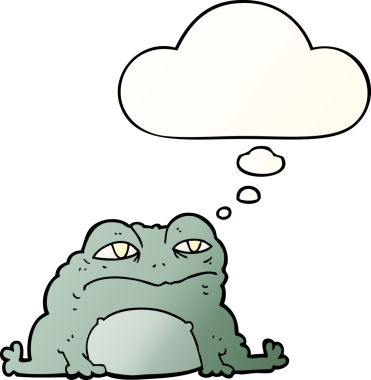 Bir insan tarafından çizilmiş yumuşak eğimli düşünce baloncuklu çizgi film karakurbağası.