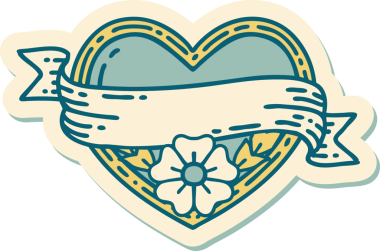 Geleneksel kalp stili dövme çıkartması ve bir insan tarafından çizilmiş çiçekli pankart.