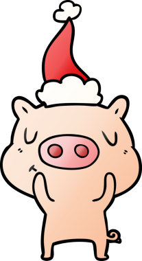 Bir insan tarafından çizilmiş Noel Baba şapkası giymiş bir domuzun el çizimi karikatürü.