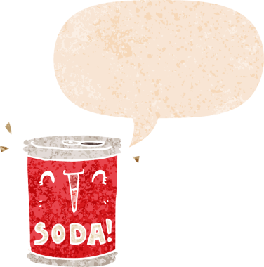 Bir insan tarafından çizilmiş grunge dertli retro desenli konuşma baloncuklu çizgi film soda kutusu.