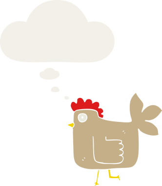 Düşünce baloncuklu çizgi film tavuğu insan tarafından çizilmiş.