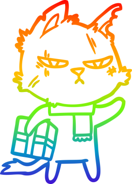 Gökkuşağı gradyan çizimi sert bir çizgi film kedisinin Noel hediyesi bir insan tarafından çizilmiş.