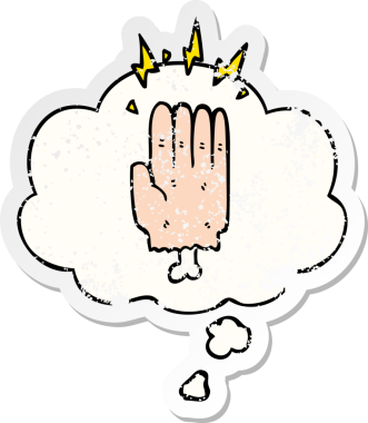 Karikatür büyüsü cadılar bayramı zombi eli. Düşünce baloncuğu insan tarafından çizilmiş yıpranmış bir çıkartma gibi.