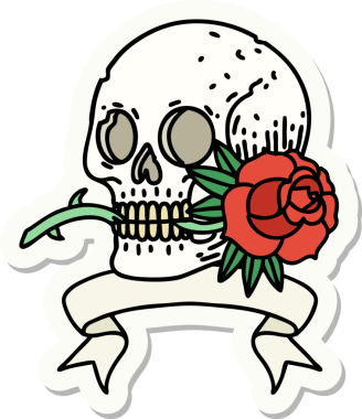 Bir insan tarafından çizilmiş kafatası ve gül şeklinde dövme stili.