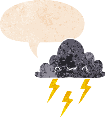 Bir insan tarafından çizilmiş grunge sıkıntılı retro desenli konuşma baloncuklu çizgi film fırtına bulutu