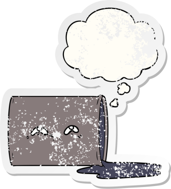 Düşünce baloncuğu olan karikatür yağı varili insan tarafından çizilmiş yıpranmış bir çıkartma gibi.