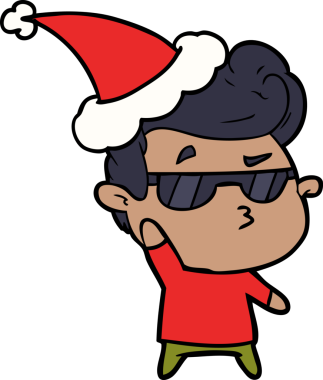 Bir insan tarafından çizilmiş Noel Baba şapkası giyen havalı bir adamın el çizimi.