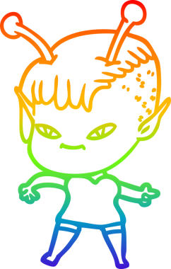 Gökkuşağı gradyan çizgisi bir insan tarafından çizilmiş şirin bir uzaylı kızın çizimi.