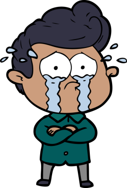 Bir insan tarafından çizilmiş kolları çaprazlanmış ağlayan bir karikatür.