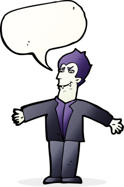 Bir insan tarafından çizilmiş konuşma balonuyla kollarını açmış vampir bir çizgi film karakteri.