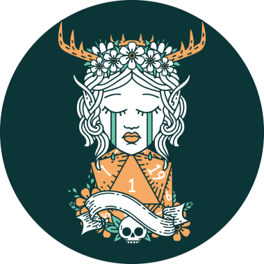 Ağlayan Elf Büyücüsü karakteri yüzü ve bir insan tarafından çizilmiş doğal bir D20 zar.