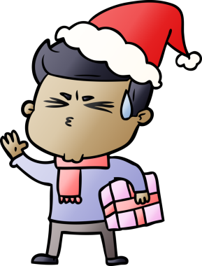 Bir insanın çizdiği Noel Baba şapkasıyla terleyen bir adamın el çizimi karikatürü.