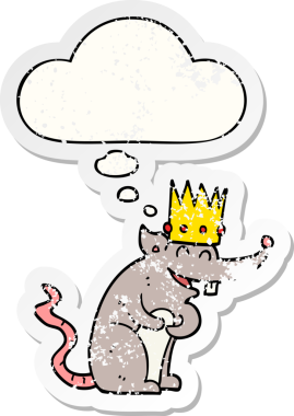 Düşünce baloncuğuyla gülen karikatür kralı bir insan tarafından çizilmiş yıpranmış bir çıkartma gibi