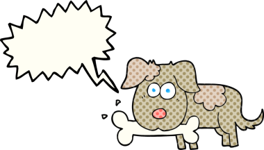 El yazısıyla çizilmiş çizgi roman konuşma balonu, bir insan tarafından çizilmiş kemikli bir köpek.