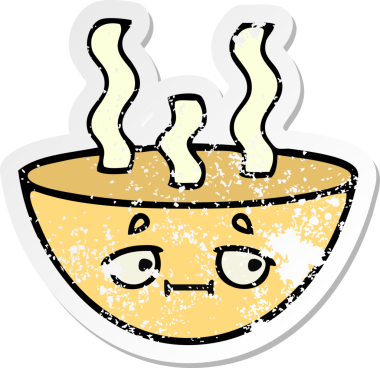 Bir insan tarafından çizilmiş sıcak çorba kasesinin hüzünlü çıkartması.