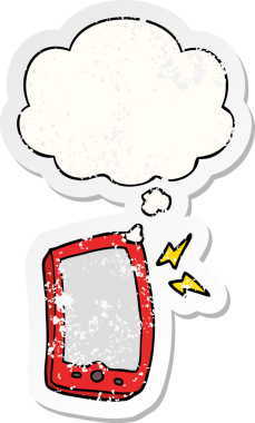Düşünce baloncuklu çizgi film cep telefonu bir insan tarafından çizilmiş yıpranmış bir çıkartma.