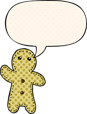 Bir insan tarafından çizilmiş çizgi roman tarzında konuşan zencefilli kurabiye adam.