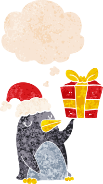 Karikatür pengueni Noel 'de grunge' de düşünce baloncuklarıyla birlikte bir insan tarafından çizilmiş kederli retro stil.