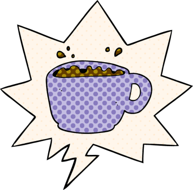 Bir insan tarafından çizilmiş çizgi roman tarzında konuşma balonlu kahve fincanı.