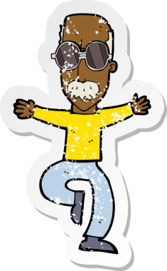 Bir insan tarafından çizilmiş büyük gözlüklü yaşlı bir adamın karikatür yapıştırması.