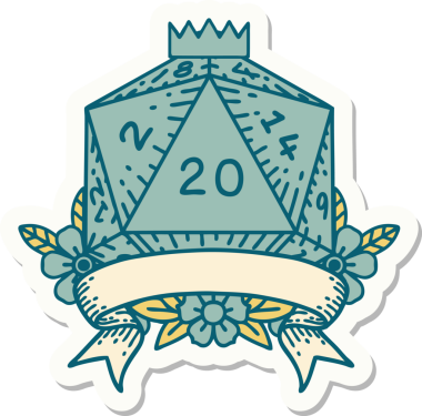 Bir insan tarafından çizilmiş 20 kritik vuruşluk D20 zar etiketi.