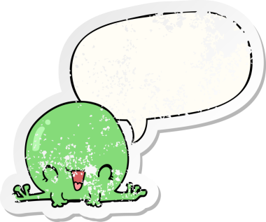 Konuşma baloncuğu olan karikatür kurbağası bir insan tarafından çizilmiş sıkıntılı eski bir çıkartma