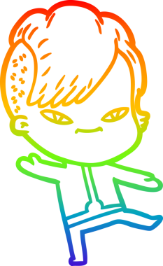 Gökkuşağı gradyan çizimi. Hipster saç kesimi bir insan tarafından çizilmiş şirin bir çizgi film kızı.