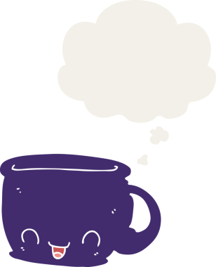 Düşünce baloncuklu bir kahve fincanı insan tarafından çizilmiş.