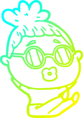 Bir insan tarafından çizilmiş gözlük takan bir kadının çizgi film çizimi.