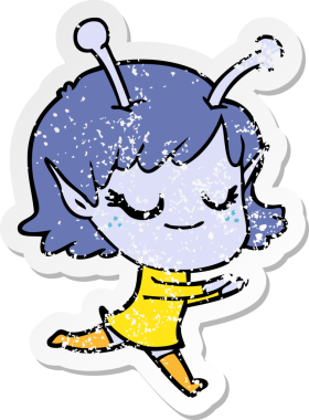 Bir insan tarafından çizilmiş gülümseyen uzaylı kız çizgi filminin sıkıntılı çıkartması.