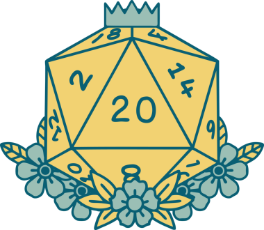 Retro Dövme Biçimi Doğal 20 D20 zar bir insan tarafından çizilmiş çiçek elementleriyle