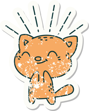 Bir insan tarafından çizilmiş eski bir dövme stili mutlu bir kedi.