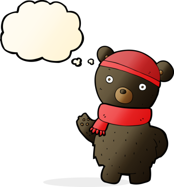 Bir insan tarafından çizilmiş düşünce baloncuğu eşarp ve şapkalı siyah ayı çizgi filmi.