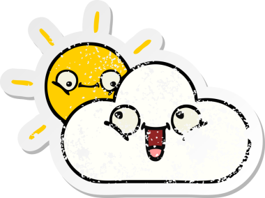 Sevimli bir çizgi film yıldızının sıkıntılı çıkartması ve bir insan tarafından çizilmiş bulut.