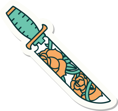 Geleneksel bir hançer stili dövme çıkartması ve bir insan tarafından çizilmiş çiçekler.